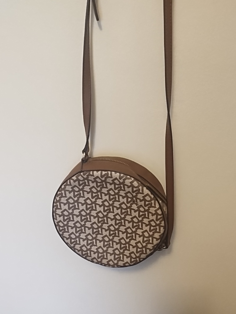 DKNY Brown and Beige Round Signature Crossbody Bag
